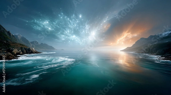 Obraz Dramatic ocean landscape with majestic mountain peaks vibrant sky. Cloud formations merge with soft mist, and tranquil water beautifully reflects