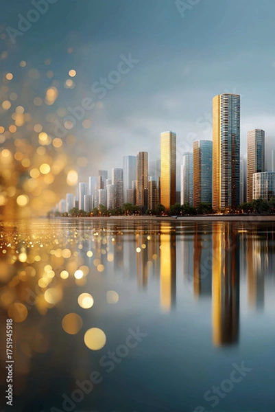 Obraz Modern city skyline and tall building reflection on water. Golden light glow creates hopeful, vibrant business vision for future