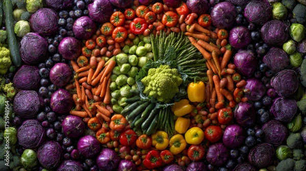 Fototapeta Top view of vibrant vegetables on a dark background, showcasing their natural beauty 