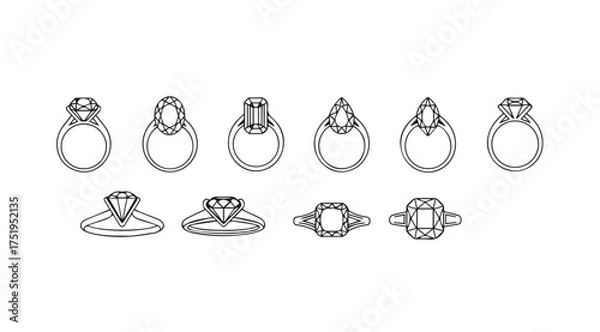 Obraz Collection of hand-drawn engagement rings and diamond jewelry sketches with various gemstone settings vector