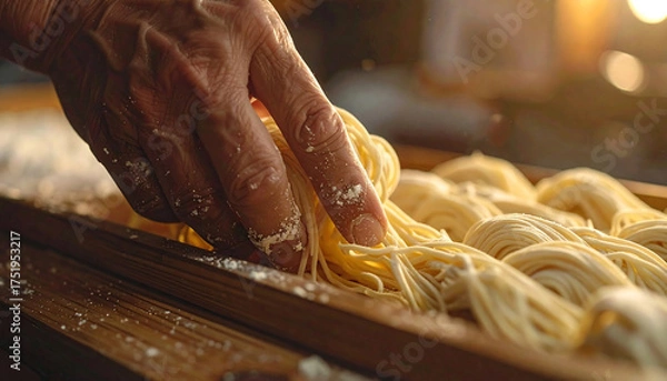 Obraz 製麺に心を込める麺打ち職人の手が生む繊細な麺の質感と木の香漂う静謐な工房の瞬間