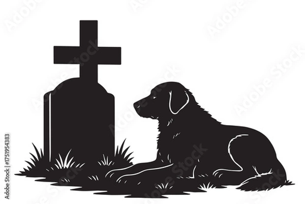Fototapeta Silhouette vector depicting a devoted dog sitting near the grave of its recently deceased owner, drawn in black and white with deep emotional tone.