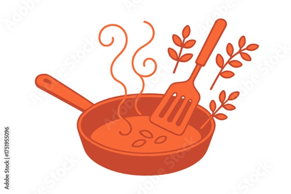 Fototapeta Hot frying pan with cooking food, spatula, and aromatic herbs for meal preparation