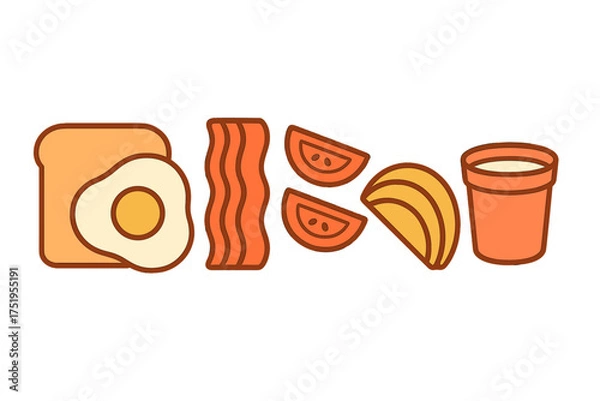 Fototapeta Classic breakfast ingredients set featuring fried egg, toast, bacon, tomato, banana, and yogurt