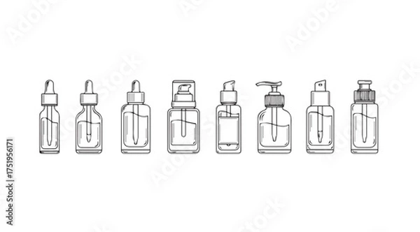 Obraz Assortment of sketchy skincare dropper and pump bottles for beauty product concepts vector