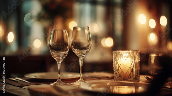 Fototapeta Romantic dinner setting featuring two wine glasses, candlelight, and soft lighting, perfect for creating an intimate atmosphere. 