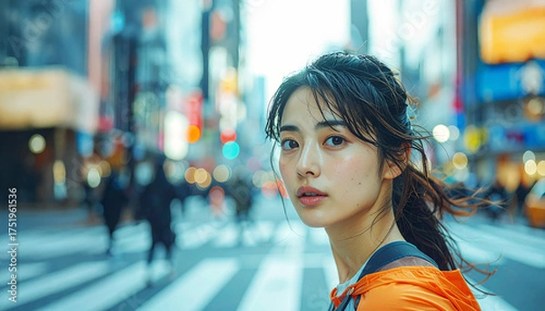 Obraz マラソンする女性、汗を流しスポーツする