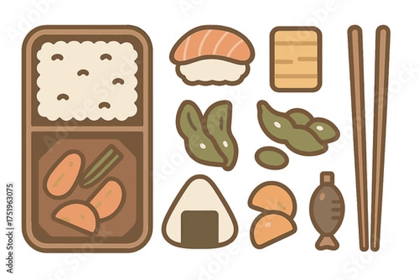 Obraz Japanese bento box lunch components set with sushi onigiri edamame and chopsticks