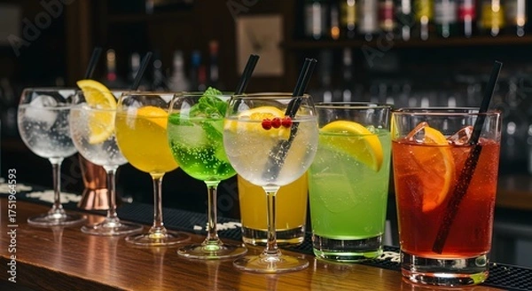 Fototapeta Seven colorful drinks with straws line a bar counter bottles blurred in background