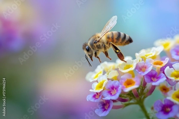 Fototapeta close up bee collecting nectar from colorful flower