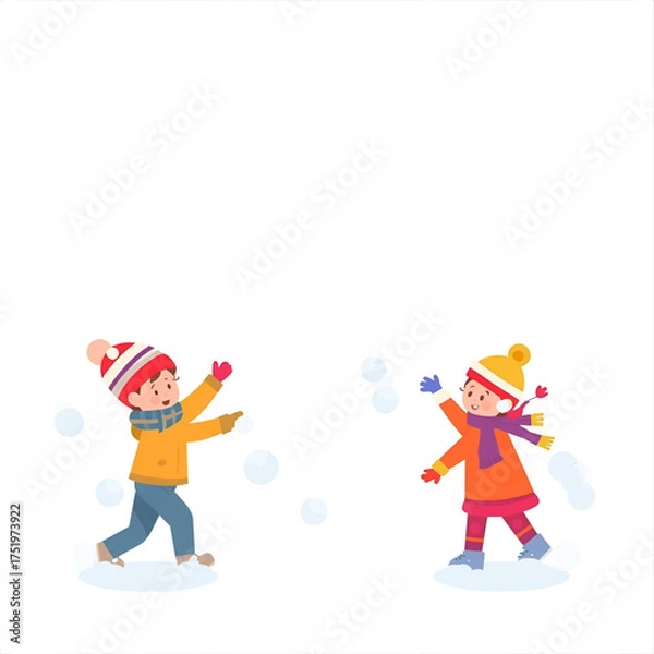 Fototapeta Children having a snowball fight in the snow, enjoying winter fun and outdoor activities during cold weather