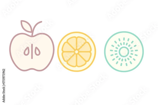 Obraz Minimalist pastel colored cross sections of apple, citrus, and kiwi fruit slices arranged horizontally