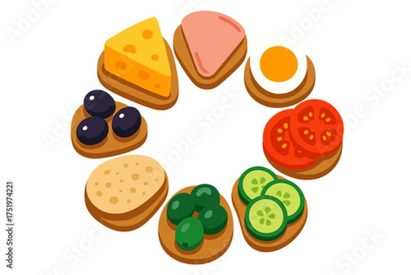 Obraz Assortment of open sandwiches arranged in a circle with various toppings cheese ham egg vegetables