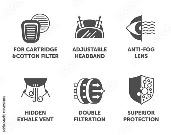 Obraz Full Face Respiration Gas Mask icons, monochrome