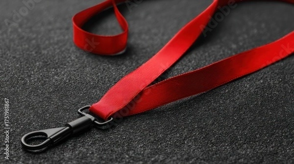 Fototapeta Bold Red Lanyard with Matte Black Swivel Hook on a Granular Gray Surface