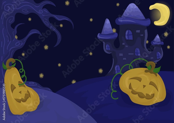 Obraz Halloween Night Vector Background with Pumpkins and Haunted Castle under Moonlight