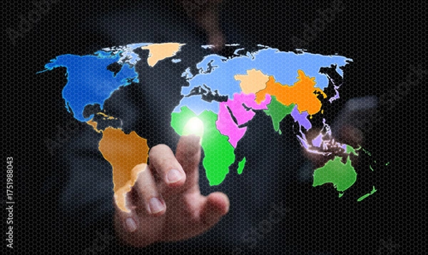 Fototapeta A businessman touches a digital world map showing regionalism, economic integration, and global trade networks, representing future strategy and data-driven economic growth.