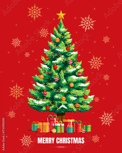 Fototapeta Snowy Christmas Tree with Colorful Gifts and Ornaments on Red Background, Festive Holiday Celebration and Merry Christmas Greeting, vector illustration