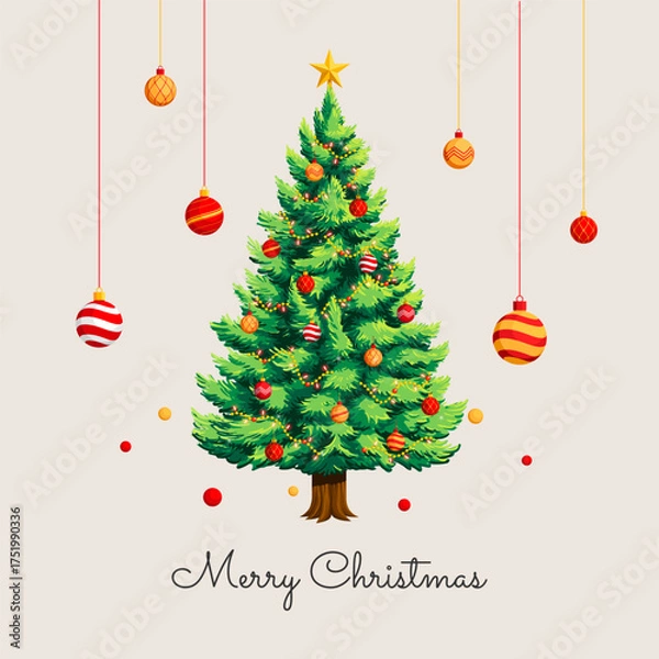 Fototapeta Beautiful Decorated Christmas Tree with Christmas ball Ornaments and Star, A Festive Holiday Greeting for Merry Christmas Celebration, vector illustration
