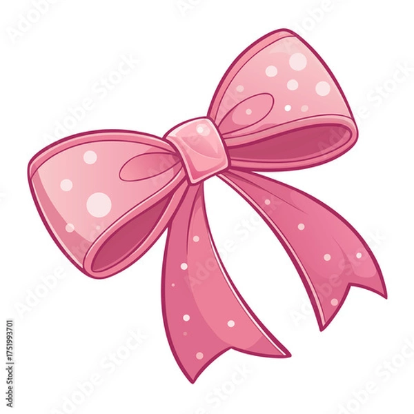 Obraz Illustration of a pink decorative bow with white polka dots. Cute glossy ribbon isolated on white background, elegant girly accessory perfect for gifts, celebration design, packaging