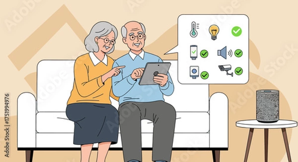 Obraz Elderly Couple Interacting with Smart Home Technology on Tablet