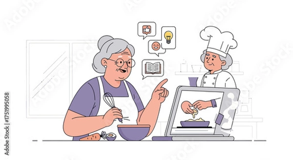 Fototapeta Elderly woman learning to cook from online tutorial with chef