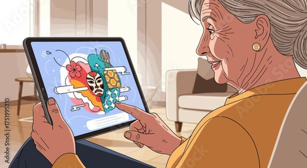 Obraz Smiling senior woman with grey hair, engaging with a tablet, vibrant flat illustration.