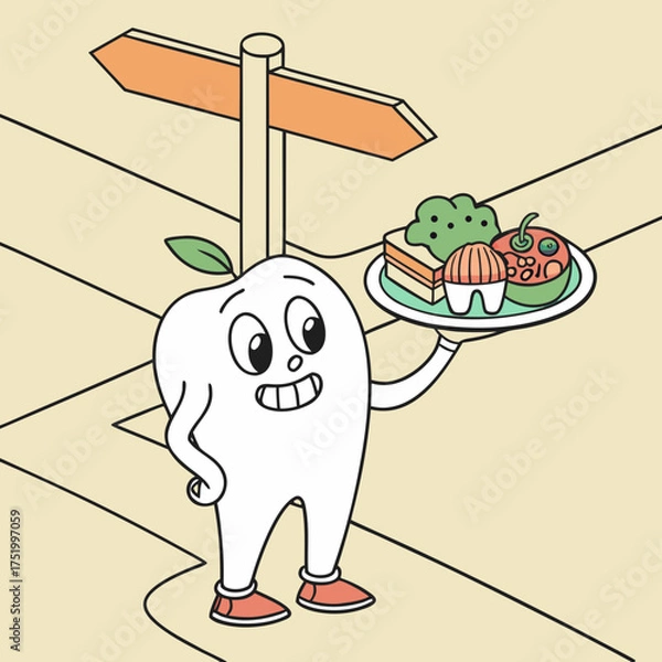 Fototapeta Cartoon tooth character at the crossroads choosing vegetables and fruits