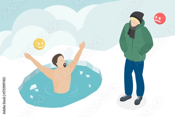 Fototapeta Man dipping into ice hole and man in warm clothes in winter. Healthy lifestyle. Flat isometric vector illustration.