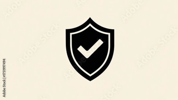 Fototapeta Minimalist Black Shield Icon with White Checkmark on Cream Background