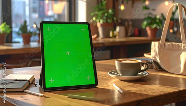 Obraz Tablet with green screen on a wooden table with coffee and notebook.