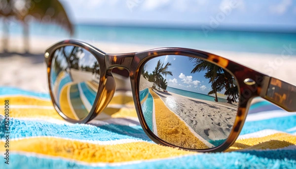 Obraz Tortoiseshell Sunglasses Resting on a Striped Beach Towel.