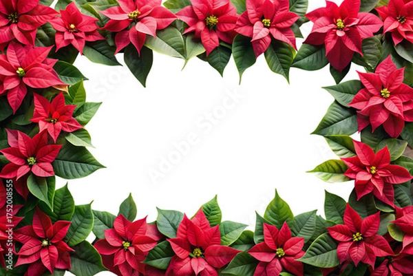 Fototapeta Vibrant red poinsettia flowers bordering a black rectangular space for festive design