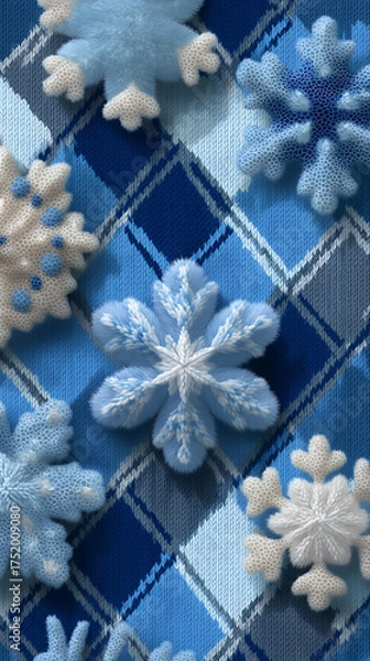 Obraz Snowflakes Blue Pattern: Whimsical Holiday Winter Wonderland Textile Design with Soft Colors and Festive Elements