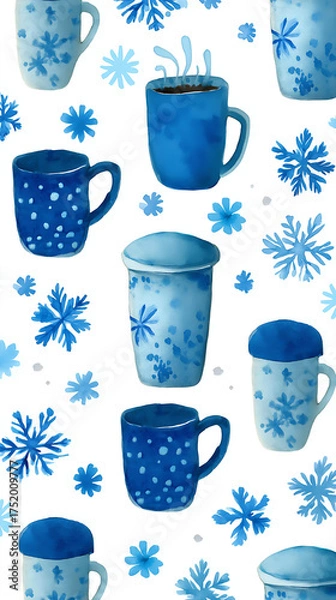 Obraz Whimsical Watercolor Mugs with Snowflakes: Cozy Blue Winter Pattern for Holiday Decor and Hot Chocolate