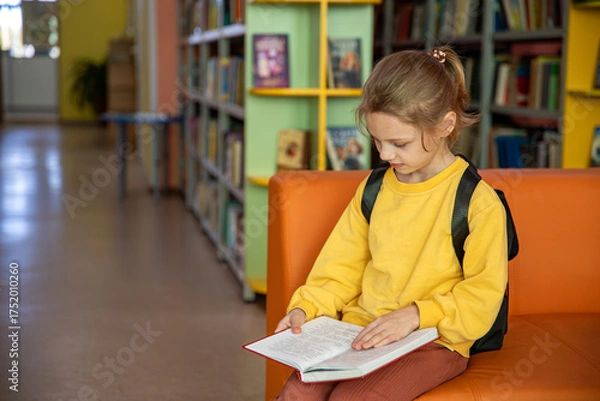 Fototapeta Portrait of a 7-8-year-old blonde girl in a yellow longsleeve in a library with books