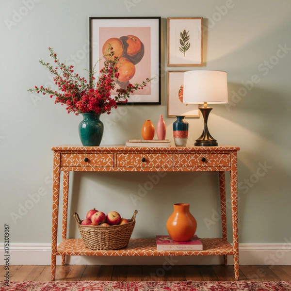 Obraz Vibrant Eclectic Hallway Interior with Colorful Ceramic Vases, Fresh Flowers and Patterned Console Table