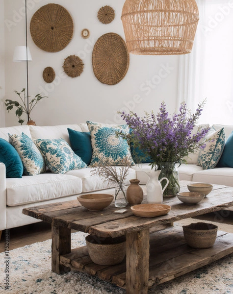 Fototapeta Warm Bohemian Living Room with Rustic Wooden Coffee Table, Ceramic Vases and Colorful Textiles in Natural Sunlight