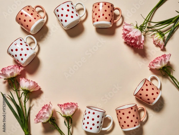 Fototapeta Flat Lay of Red Polka Dot Ceramic Cups with Spring Flowers on Beige Background, Cozy Vintage Tea Aesthetic with Soft Natural Light