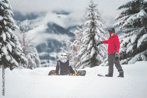 Fototapeta Two snowboarders before a ride