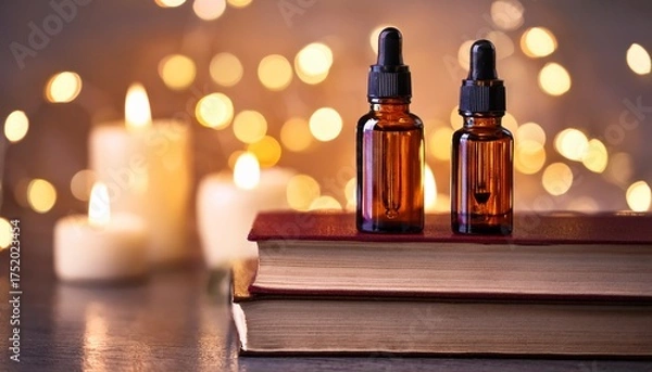 Obraz two bottles of essential oils sit on top of a stack of books with candles blurred in the background