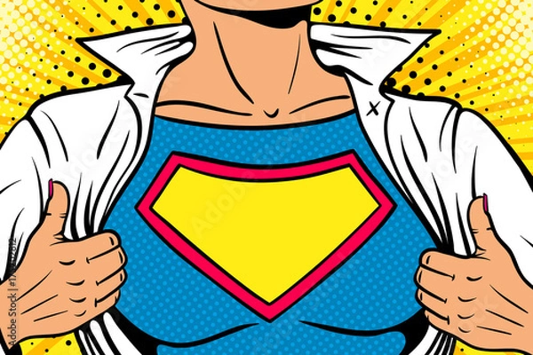 Fototapeta Kobieta superbohater pop-artu. Zbliżenie sexy kobieta ubrana w białą kurtkę pokazuje pusty znak superbohatera na piersi. Ilustracja wektorowa w komiks stylu retro pop art. Tło pop-artu.