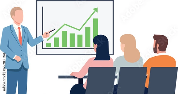 Fototapeta Flat vector illustration of a businessman giving a presentation to colleagues, showing a growing bar chart with an upward arrow. Concept of business success, profit growth, financial report, and teamw
