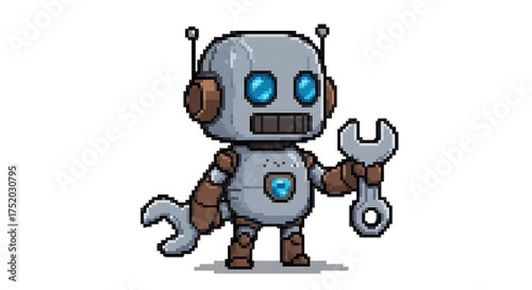 Fototapeta A pixel art illustration of a cute little robot with a body and head, holding a silver wrench in its hand. The robot has blue eyes on a white background.
