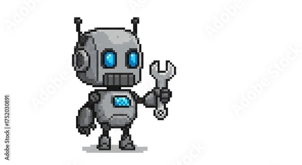 Fototapeta A pixel art illustration of a cute little robot with a body and head, holding a silver wrench in its hand. The robot has blue eyes on a white background.