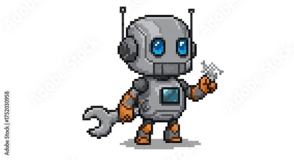 Fototapeta A pixel art illustration of a cute little robot with a body and head, holding a silver wrench in its hand. The robot has blue eyes on a white background.