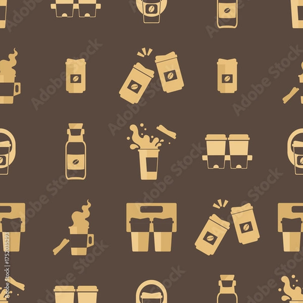 Obraz Cute seamless pattern of coffee makers, mugs, and cafe treats in warm tones. Perfect for wallpapers, packaging, or cafe branding design.