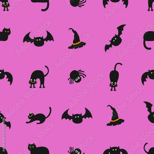 Obraz Cute Halloween cupcake seamless patterns in orange, purple, and green tones. Perfect for wrapping paper, party design, and seasonal decorations.