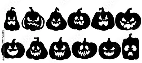 Fototapeta Large flat vector collection of jack lantern pumpkins with happy, angry, sad, and scary faces in black silhouette style. Perfect for Halloween decorations and design projects.