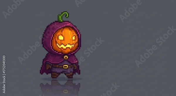 Fototapeta Pixel art of a miniature character with a pumpkin head and a dark hood/cloak. The design has an 8-bit or 16-bit game style, with a gray background and a slight reflection below the character.